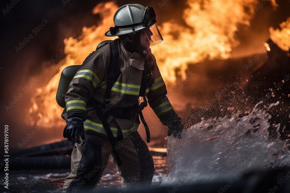 Fototapeta premium Firefighter battling a blaze with water. The image conveys a sense of courage, bravery, and the importance of public safety Generative AI