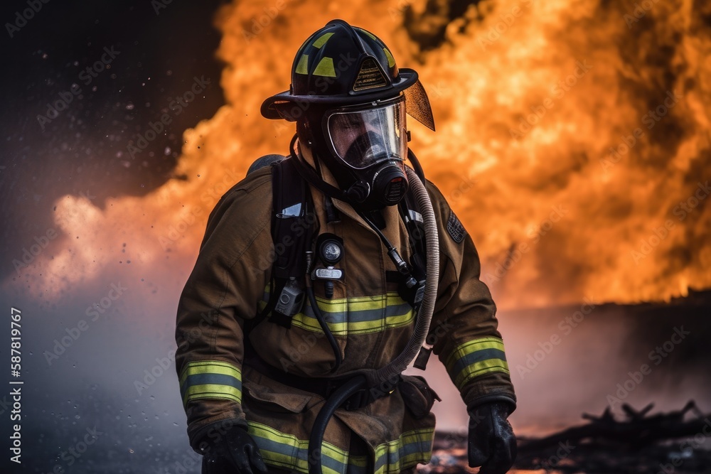 Naklejka premium Firefighter battling a blaze with water. The image conveys a sense of courage, bravery, and the importance of public safety Generative AI