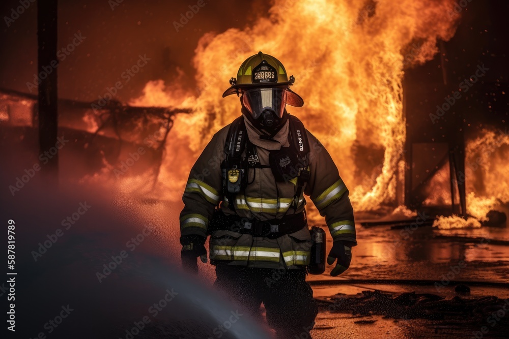 Naklejka premium Firefighter battling a blaze with water. The image conveys a sense of courage, bravery, and the importance of public safety Generative AI