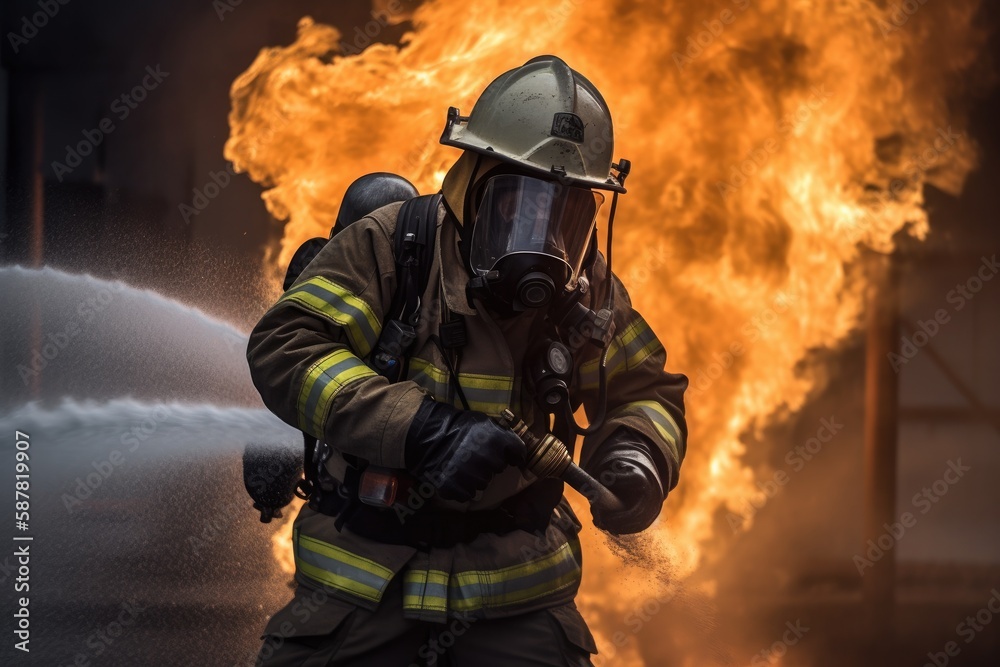 Firefighter battling a blaze with water. The image conveys a sense of courage, bravery, and the importance of public safety Generative AI Firefighter battling a blaze with water. The image conveys a sense of courage, bravery, and the importance of public safety Generative AI