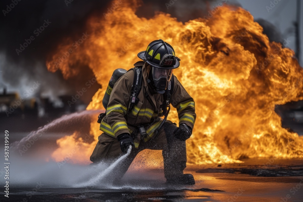 Firefighter battling a blaze with water. The image conveys a sense of courage, bravery, and the importance of public safety Generative AI Firefighter battling a blaze with water. The image conveys a sense of courage, bravery, and the importance of public safety Generative AI