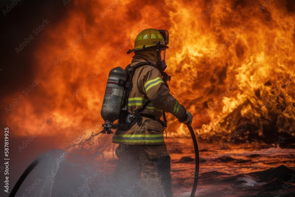 Obraz premium Firefighter battling a blaze with water. The image conveys a sense of courage, bravery, and the importance of public safety Generative AI