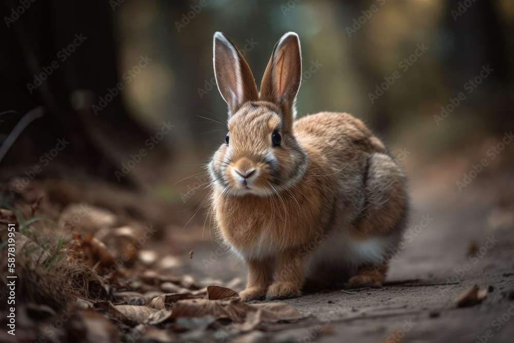 cute rabbit exploring a forest path surrounded by trees and flowers. Generative AI cute rabbit exploring a forest path surrounded by trees and flowers. Generative AI