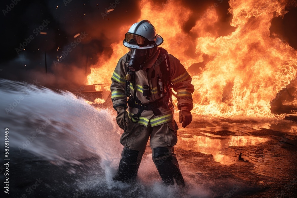 Fototapeta premium Firefighter battling a blaze with water. The image conveys a sense of courage, bravery, and the importance of public safety Generative AI