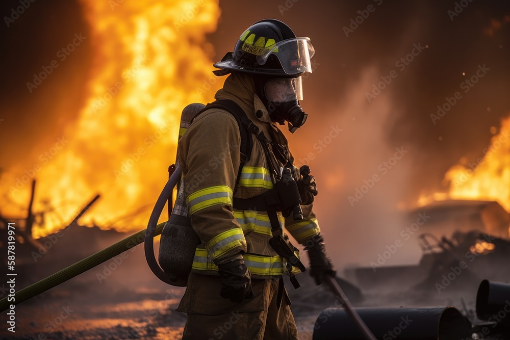 Fototapeta premium Firefighter battling a blaze with water. The image conveys a sense of courage, bravery, and the importance of public safety Generative AI