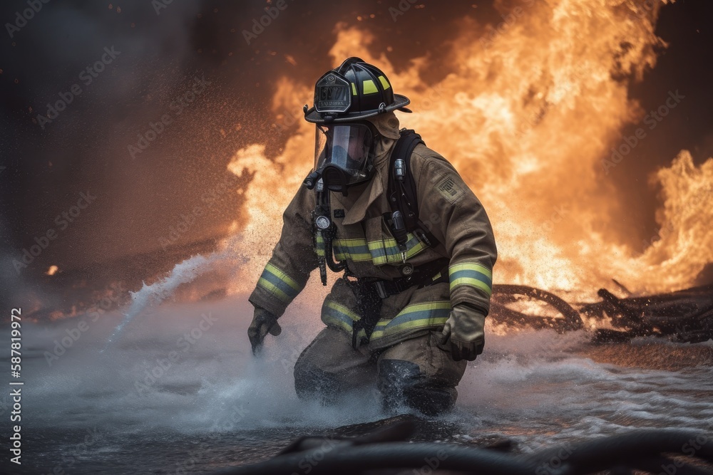 Firefighter battling a blaze with water. The image conveys a sense of courage, bravery, and the importance of public safety Generative AI Firefighter battling a blaze with water. The image conveys a sense of courage, bravery, and the importance of public safety Generative AI