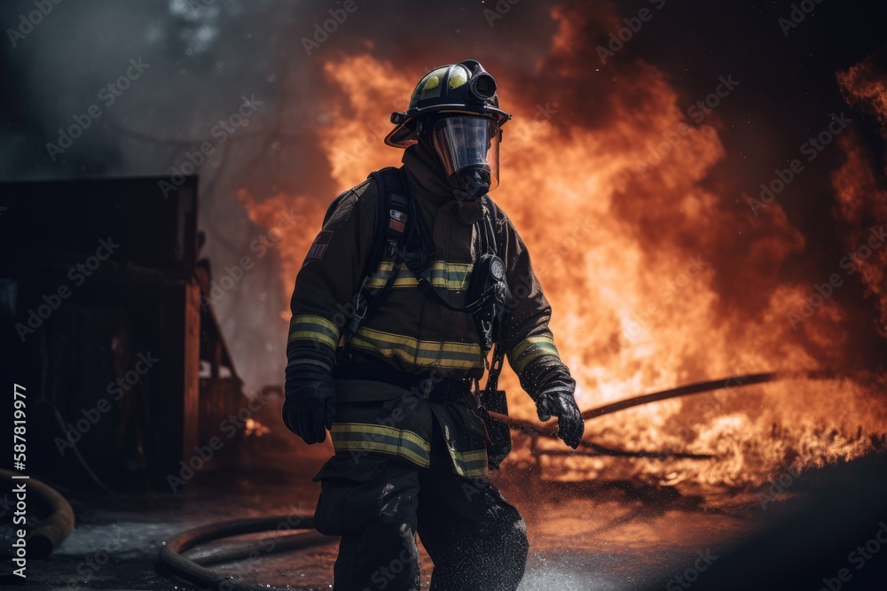 Naklejka premium Firefighter battling a blaze with water. The image conveys a sense of courage, bravery, and the importance of public safety Generative AI