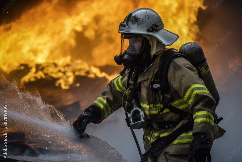 Firefighter battling a blaze with water. The image conveys a sense of courage, bravery, and the importance of public safety Generative AI Firefighter battling a blaze with water. The image conveys a sense of courage, bravery, and the importance of public safety Generative AI