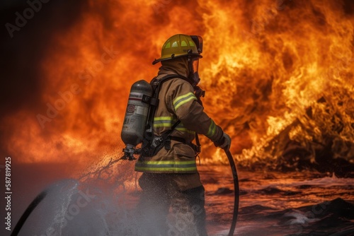 Firefighter battling a blaze with water. The image conveys a sense of courage, bravery, and the importance of public safety Generative AI