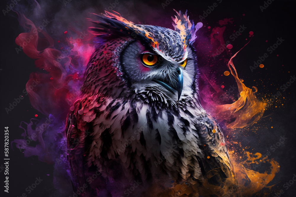 Creative portrait of a wild bird owl with splash of color pink and yellow. Wildlife nature illustration. Ai generated Creative portrait of a wild bird owl with splash of color pink and yellow. Wildlife nature illustration. Ai generated