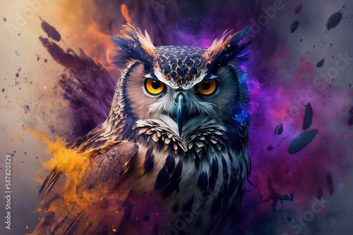 Creative portrait of a wild bird owl with splash of color pink and yellow. Wildlife nature illustration. Ai generated © dragomirescu