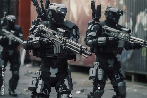 Future of the militarism: humanoid robotic robots with riffles preparing for the combat, AI Generated