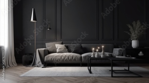 Black minimal interior living room, empty wall art