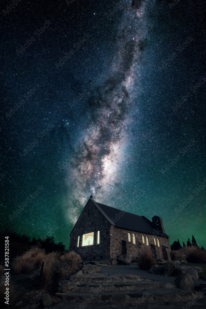 The Church of the Good Shepherd at Lake Tekapo in New Zealand in front of the rising milkyway