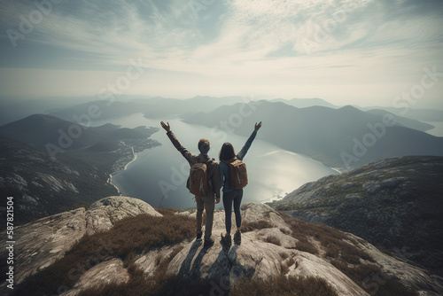 Back view of young happy couple at mountain top with raised arms looking great panorama. Generative AI.