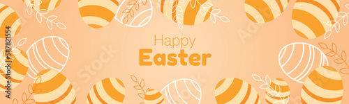 Easter banner. Fashionable Easter design with typography, with eggs and twigs in pastel colors. Modern, minimalist style.