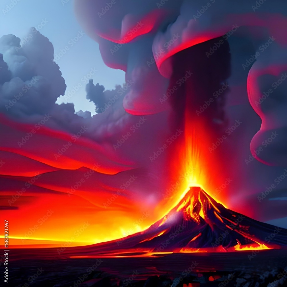 illustration painting of Night landscape with volcano and burning lava. 3D illustration