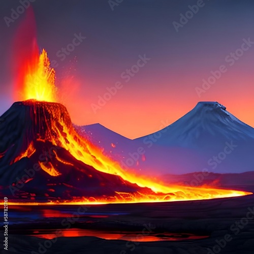 illustration painting of Night landscape with volcano and burning lava. 3D illustration