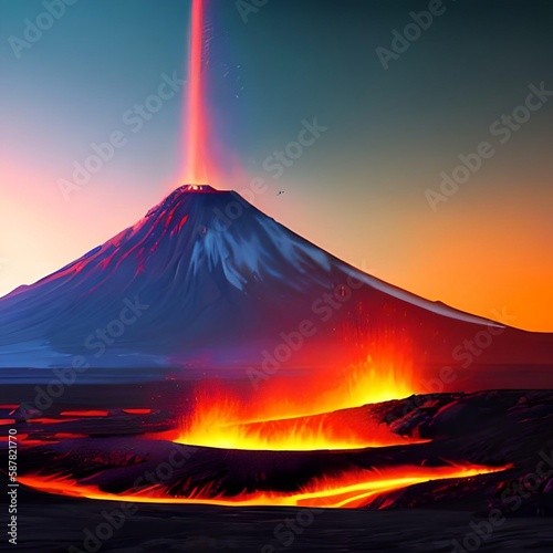 illustration painting of Night landscape with volcano and burning lava. 3D illustration