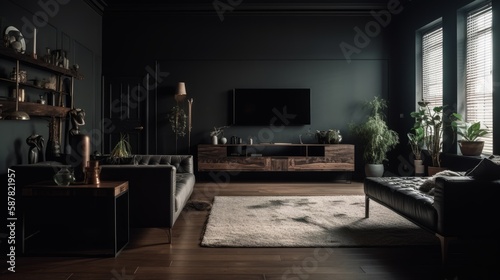 Dark minimal living room interior © Enea