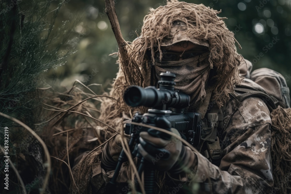 Sniper hidden in the woods taking aim to shoot. The image conveys a sense of danger, stealth, and military tactics Generative AI