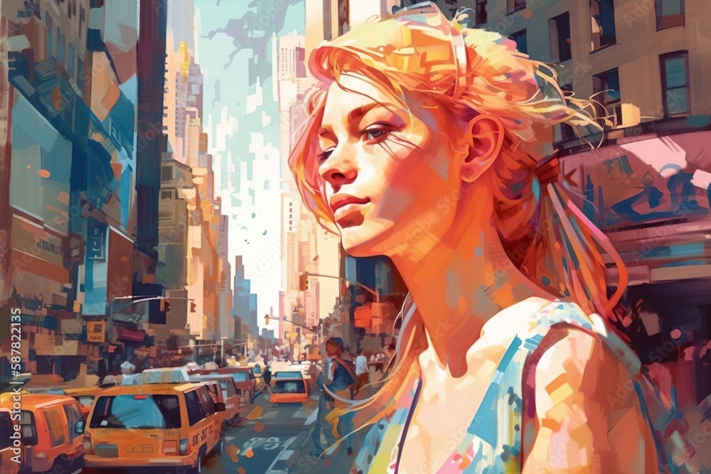 Smiling teenager, girl or young woman in New York on a sunny day, watercolor AI generative illustration