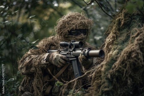 Sniper hidden in the woods taking aim to shoot. The image conveys a sense of danger, stealth, and military tactics Generative AI