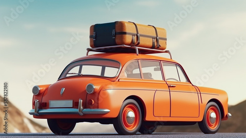 Orange old vintage car with luggage on the roof Ready to go on vacation Generative AI illustrations