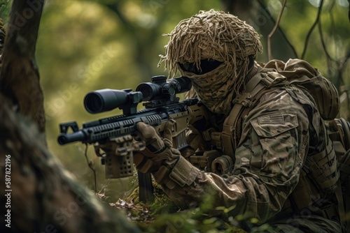 Sniper hidden in the woods taking aim to shoot. The image conveys a sense of danger, stealth, and military tactics Generative AI