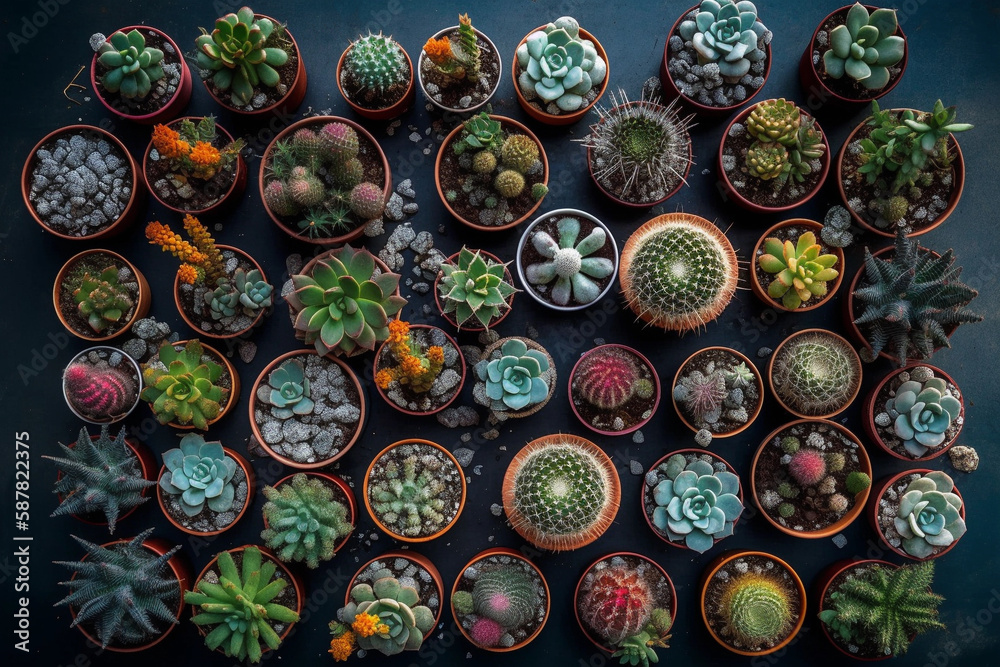 Top view of many mini cactus and succulent types. Generative AI Top view of many mini cactus and succulent types. Generative AI