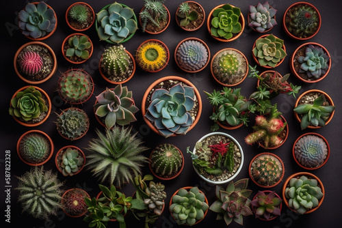 Collection of small decorative succulents and mini cactus in pots, top view. Generative AI