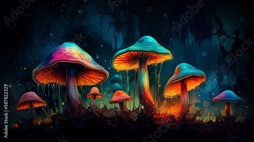 Magic mushrooms in the enchanted forest. Generative AI