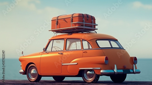 Orange old vintage car with luggage on the roof Ready to go on vacation Generative AI illustrations
