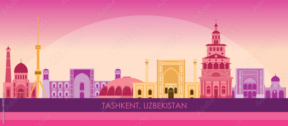 Sunset Skyline panorama of city of Tashkent, Uzbekistan - vector illustration