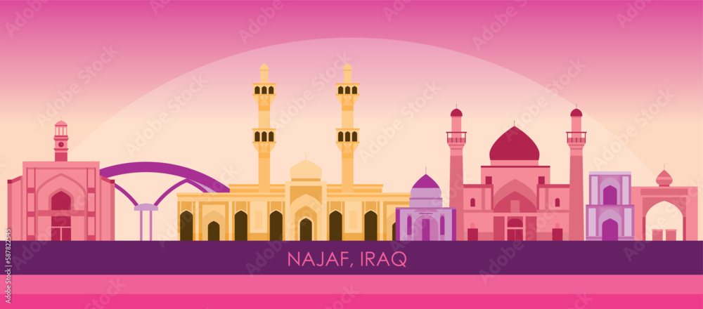 Sunset Skyline panorama of city of Najaf, Iraq - vector illustration