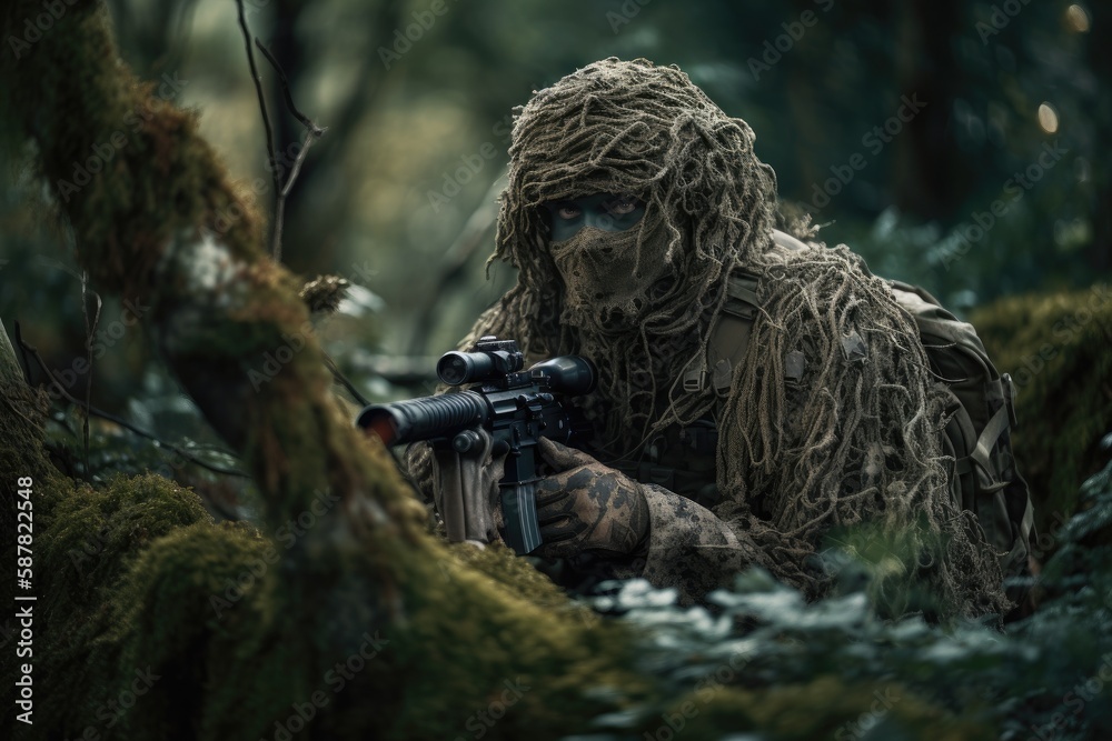 Obraz premium Sniper hidden in the woods taking aim to shoot. The image conveys a sense of danger, stealth, and military tactics Generative AI