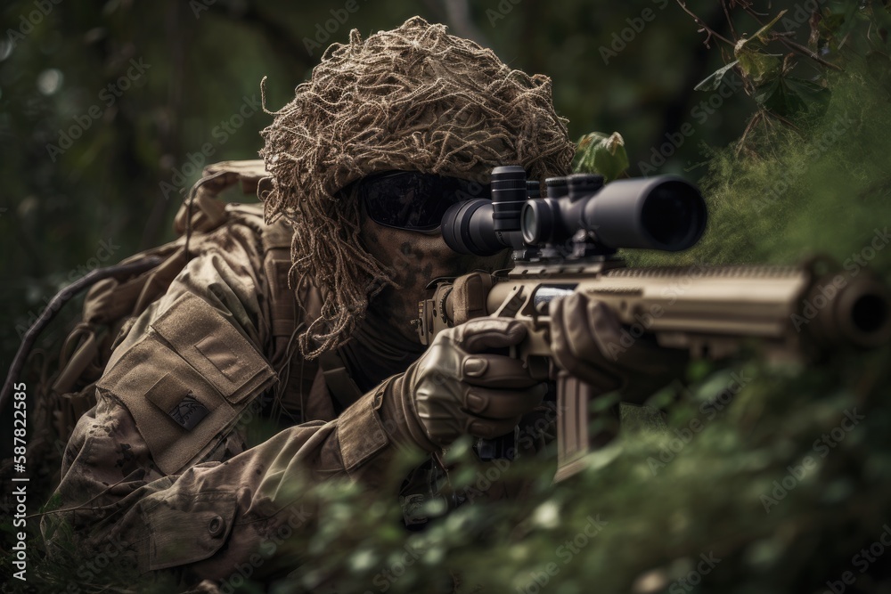 Fototapeta premium Sniper hidden in the woods taking aim to shoot. The image conveys a sense of danger, stealth, and military tactics Generative AI