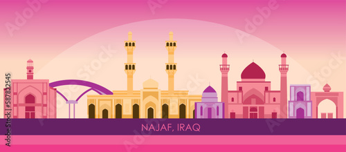Sunset Skyline panorama of city of Najaf, Iraq - vector illustration