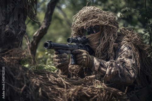 Sniper hidden in the woods taking aim to shoot. The image conveys a sense of danger, stealth, and military tactics Generative AI