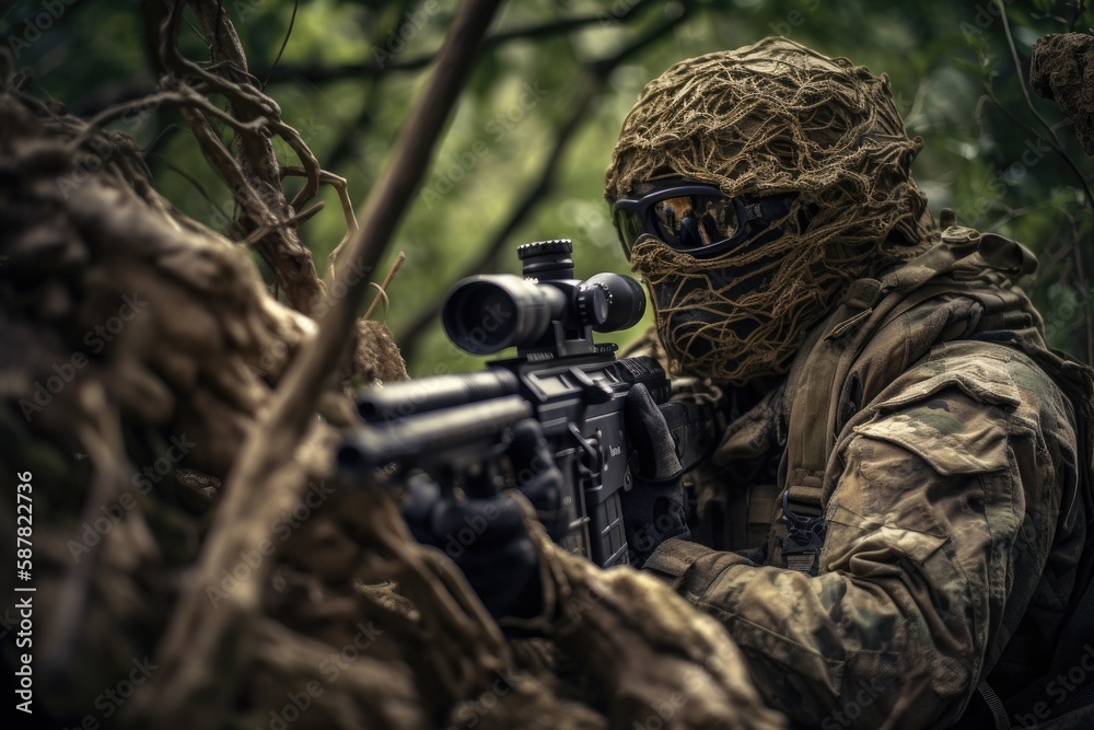 Fototapeta premium sniper hidden in the woods taking aim to shoot. The image conveys a sense of danger, stealth, and military tactics Generative AI