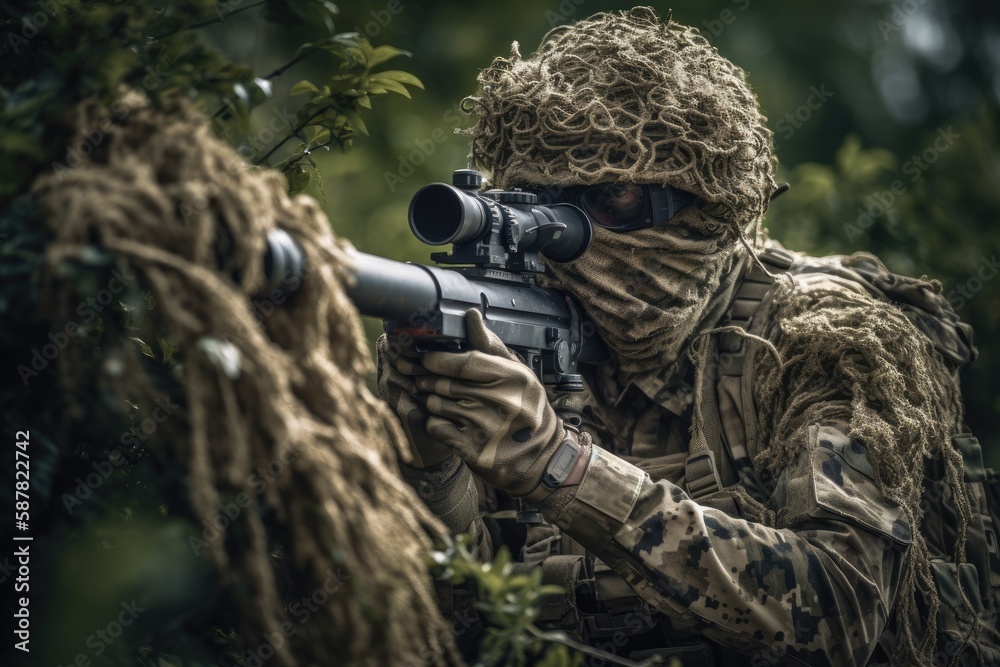 sniper hidden in the woods taking aim to shoot. The image conveys a sense of danger, stealth, and military tactics Generative AI