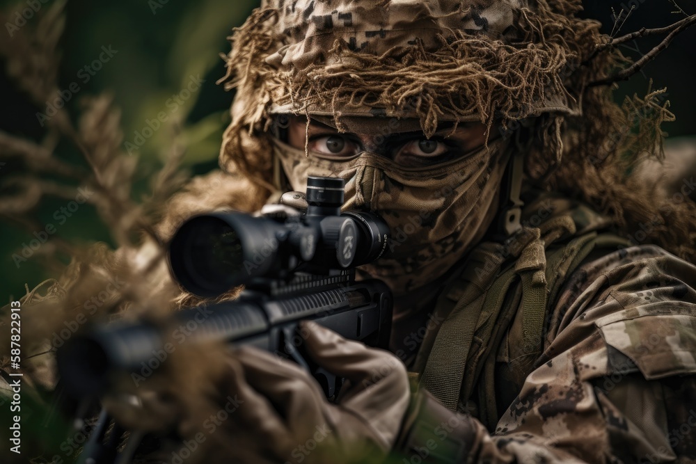 sniper hidden in the woods taking aim to shoot. The image conveys a sense of danger, stealth, and military tactics Generative AI sniper hidden in the woods taking aim to shoot. The image conveys a sense of danger, stealth, and military tactics Generative AI