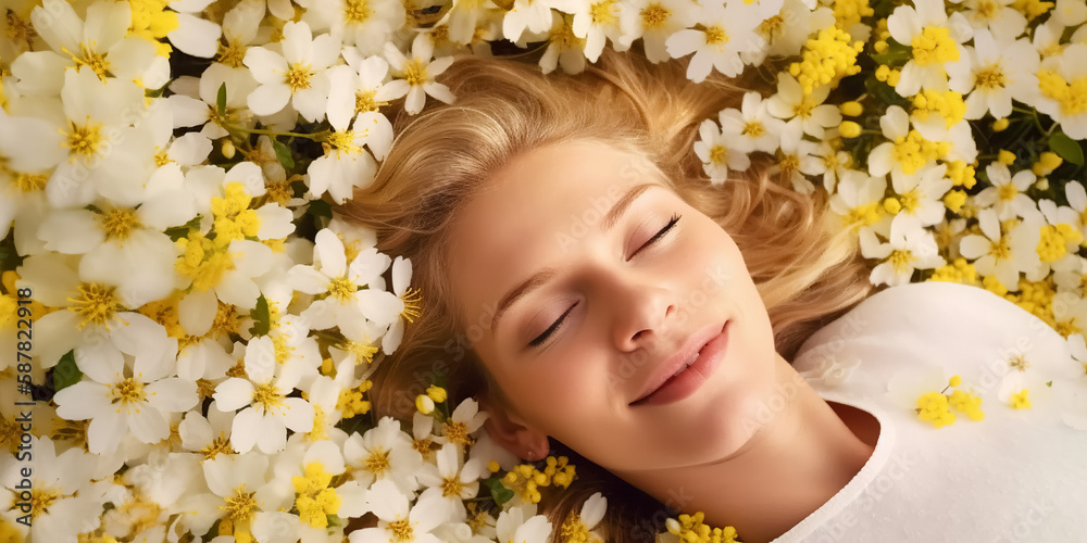 Top view of happy amazing woman lying on grass among yellow blossom flowers. Springtime concept. Beautiful Smiling Girl on spring lawn. digital ai art
Top view of happy amazing woman lying on grass among yellow blossom flowers. Springtime concept. Beautiful Smiling Girl on spring lawn. digital ai art