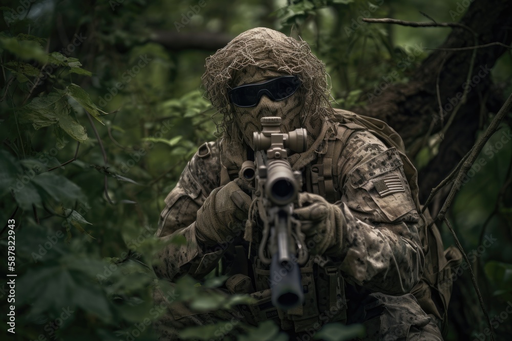 sniper hidden in the woods taking aim to shoot. The image conveys a sense of danger, stealth, and military tactics Generative AI