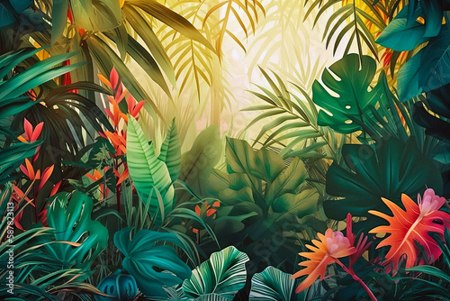Vibrant tropical plants in the jungle. Generative AI
