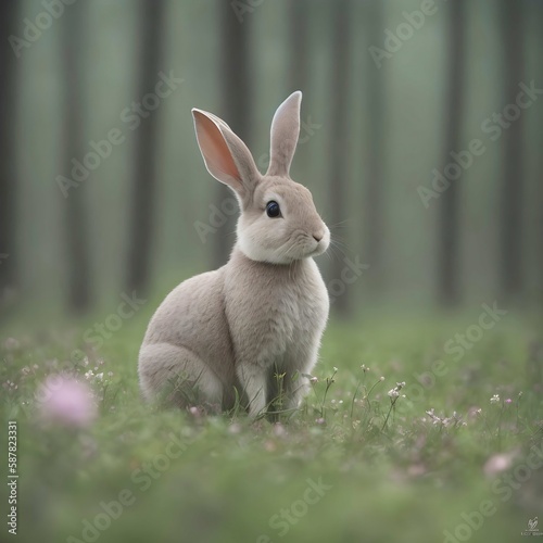 Cute rabbit in the spring forest. Generative AI. © Elya.Q