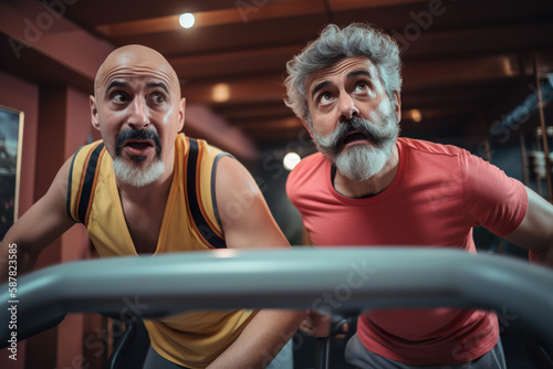 Two strong middle aged caucasian men training in gym, frends going to sport club together for a joint training session, healthy lifestyle illustration, AI generative photo