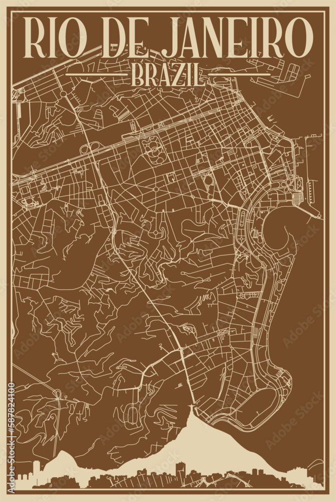 Fototapeta premium Colorful hand-drawn framed poster of the downtown RIO DE JANEIRO, BRAZIL with highlighted vintage city skyline and lettering