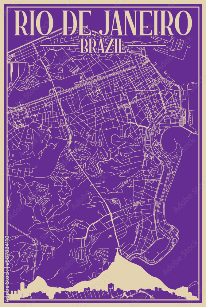 Fototapeta premium Colorful hand-drawn framed poster of the downtown RIO DE JANEIRO, BRAZIL with highlighted vintage city skyline and lettering