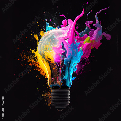 Light bulb with explosion of color and splashes of paint on black background. Abstract concept of creative thinking.  Generative AI  